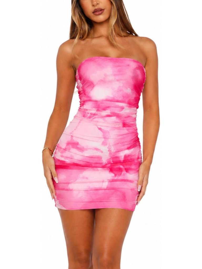 Women's Pink Polyester Elastane Strapless Printed Backless Bodycone Mini Dress